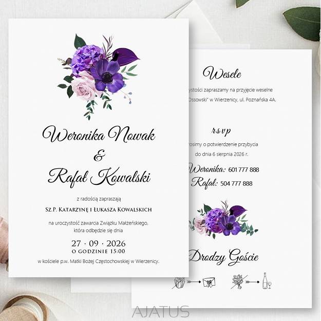 KOD022 ZAPROSZENIA FORMAT B6 KWIATY FIOLET