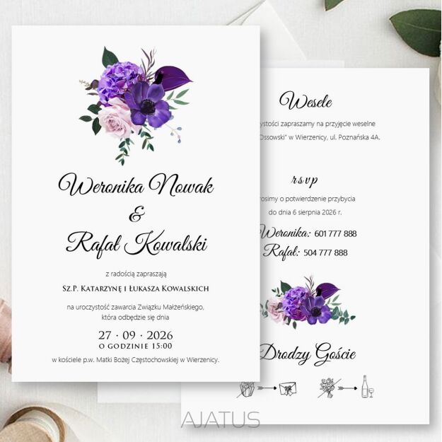 KOD022 ZAPROSZENIA FORMAT B6 KWIATY FIOLET